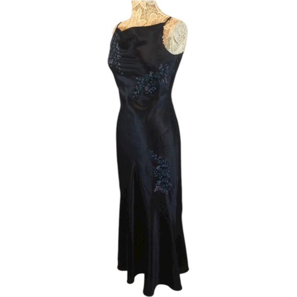 Y2K Alex Evenings navy beaded slip cowl neck floral satin formal Gown small - Picture 7 of 16